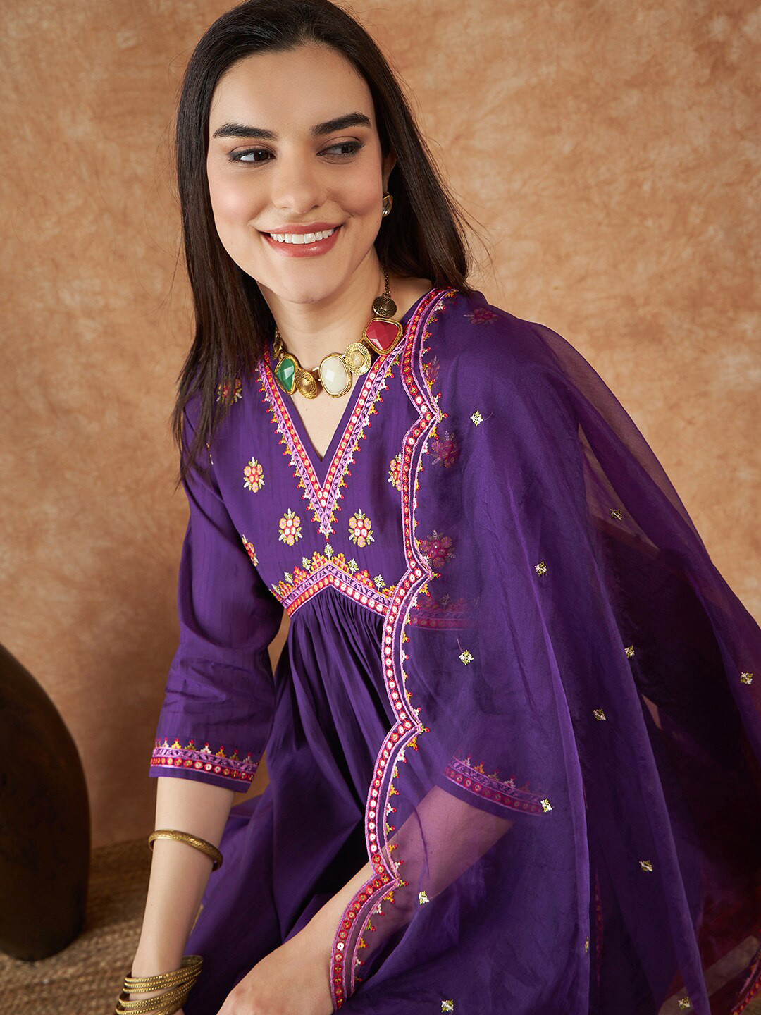 Sangria Alia Cut Purple Floral Embroidered Sequinned Empire Kurta With Trousers & Dupatta