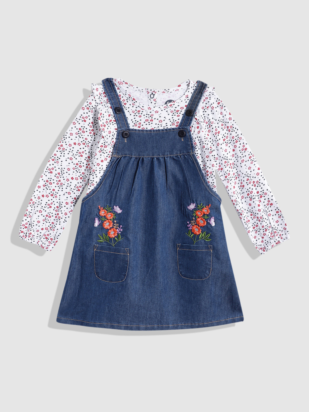 YK Girls Embroidered Dungarees with T-Shirt