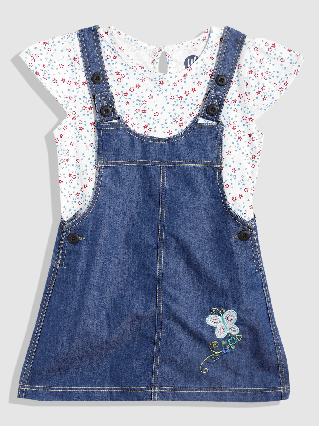 YK Girls Embroidered Dungarees with T-Shirt