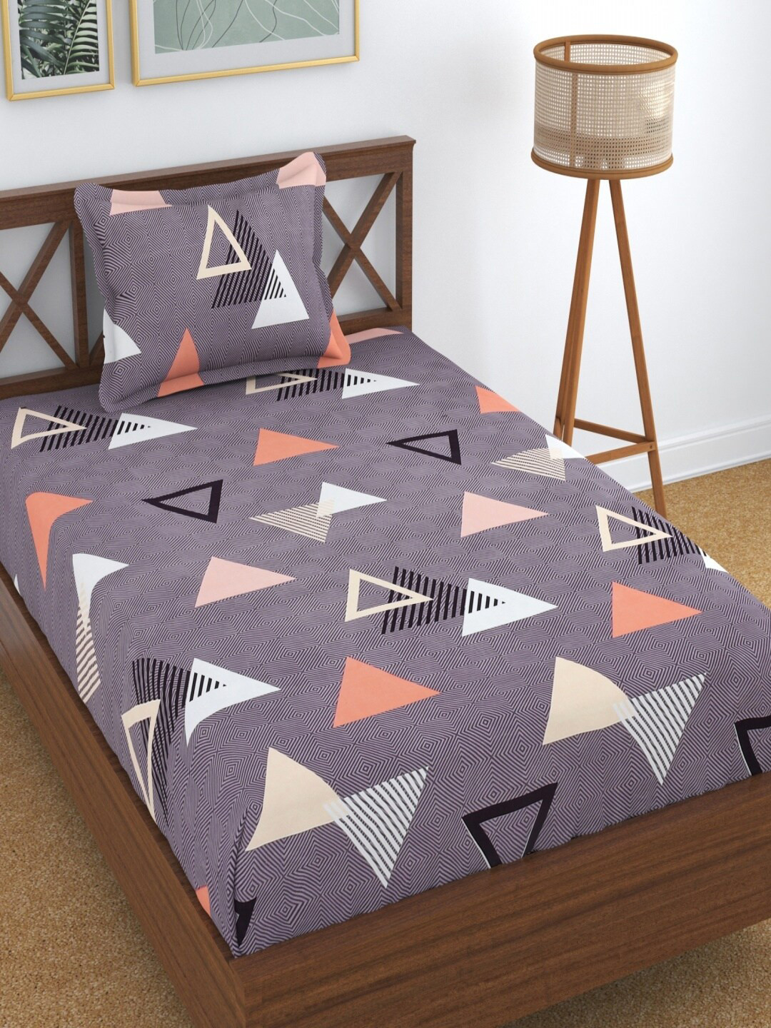 Aura Purple Geometric Microfiber Dotted 180 TC Single Fine Bedsheet with a Pillow Cover-89 x 57 inches
