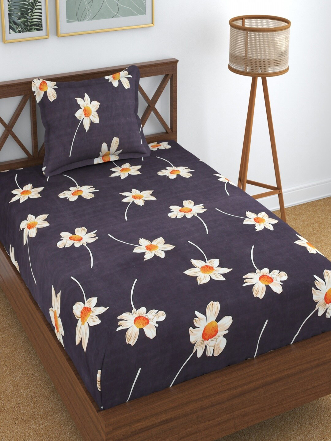 Aura Dreams Purple Floral Microfiber 180 TC Single Fine Bedsheet with a Pillow Cover-89 x 57 inches