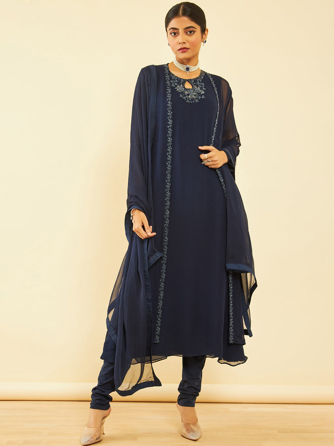 Soch Blue Yoke Design Keyhole Neck Bead Georgette Kurta with Churidar & Dupatta with Shrug