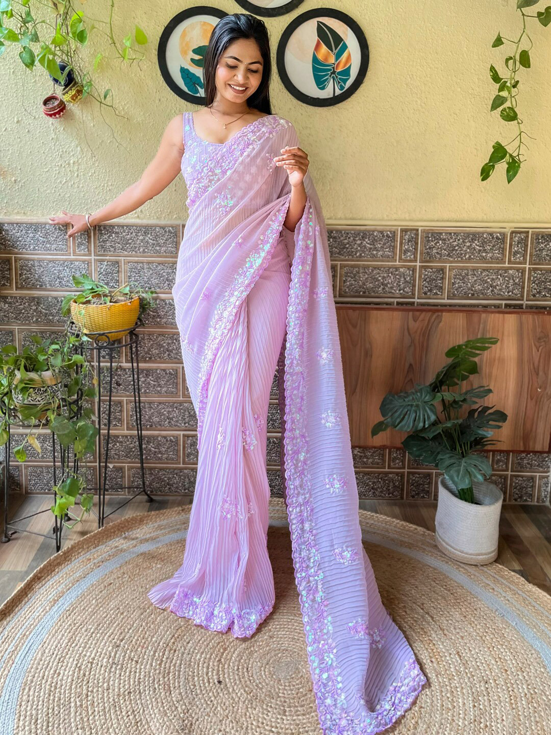 Mitera Lavender Ethnic Motifs Embroidered Sequinned Detailed Poly Georgette Saree