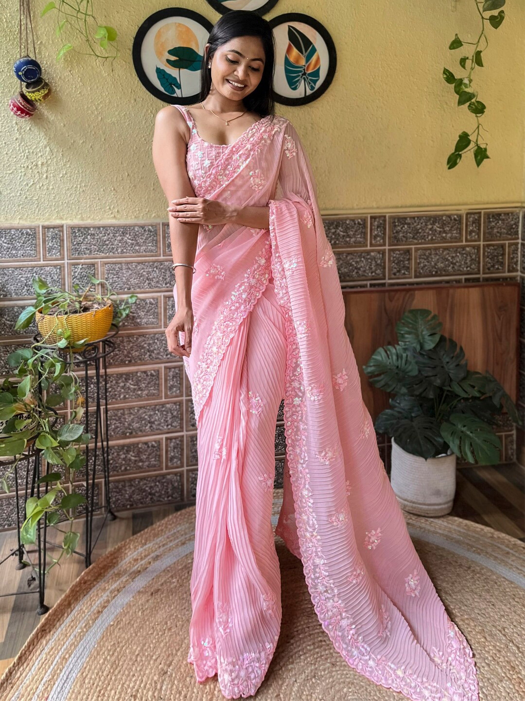 Buy Mitera Pink Ethnic Motifs Embroidered Sequinned Detailed Poly Georgette Saree Sarees for Women 26243978 Myntra