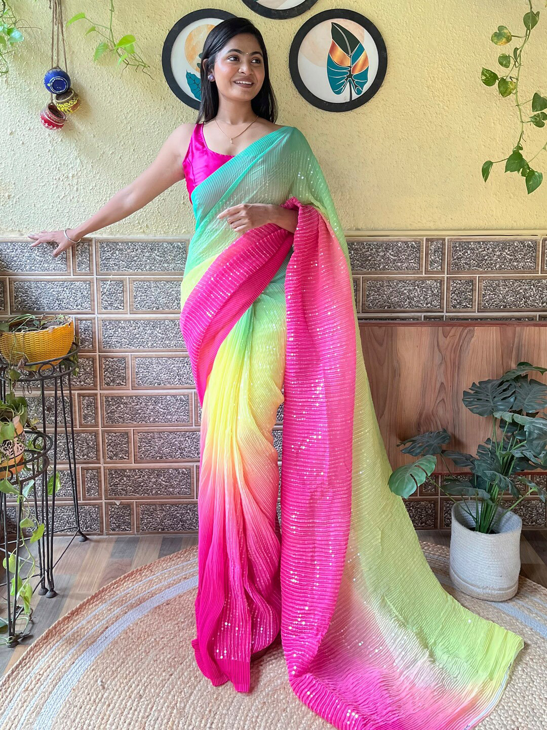 Mitera Yellow & Pink Tie and Dye Embellished Poly Georgette Designer Saree