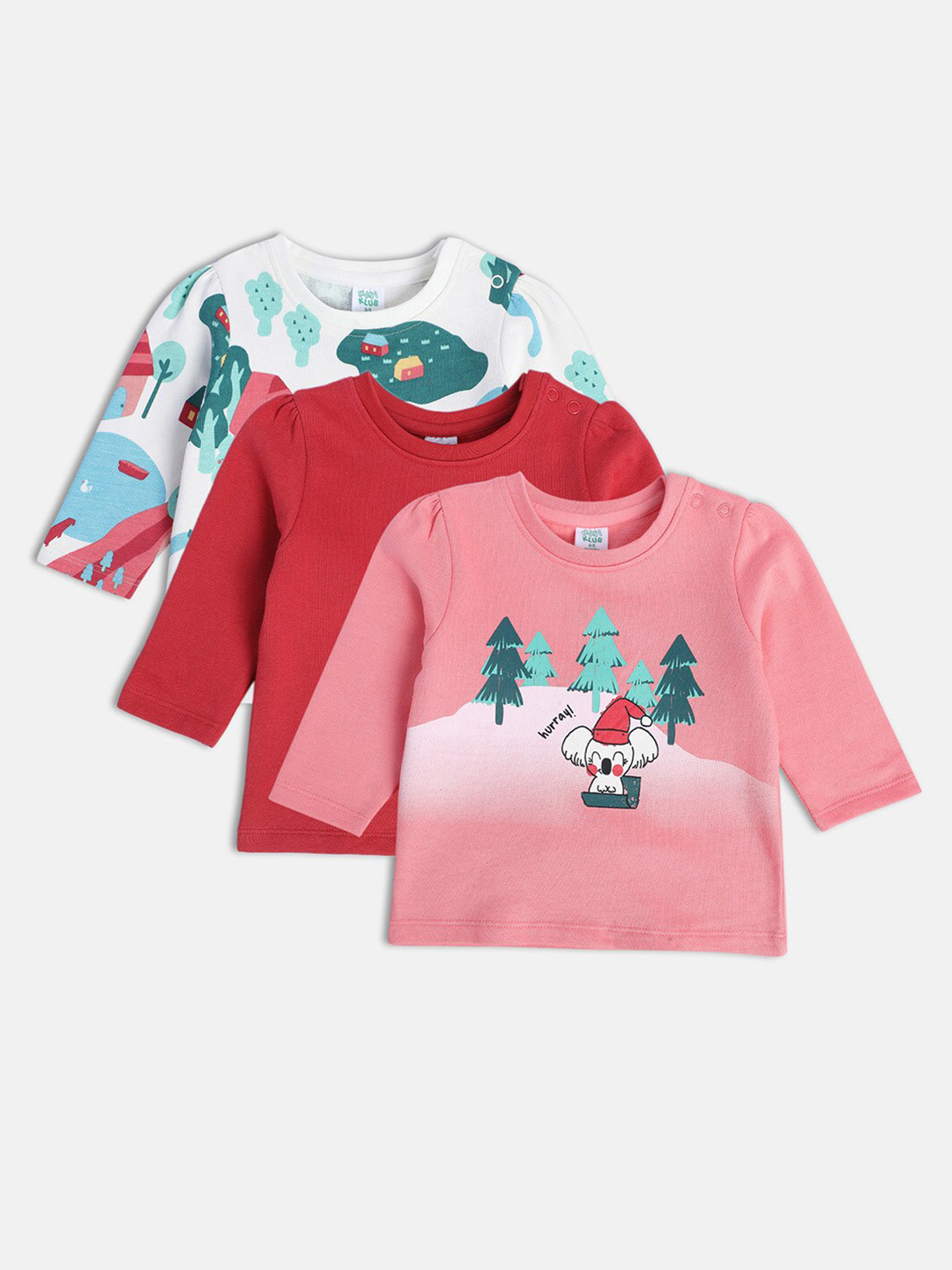 MINI KLUB Girls Pack Of 3 Graphic Printed Puff Sleeves Cotton Top