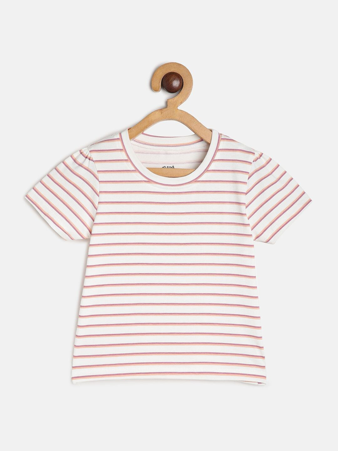 MINI KLUB Girls Horizontal Striped Puff Sleeves Cotton Top
