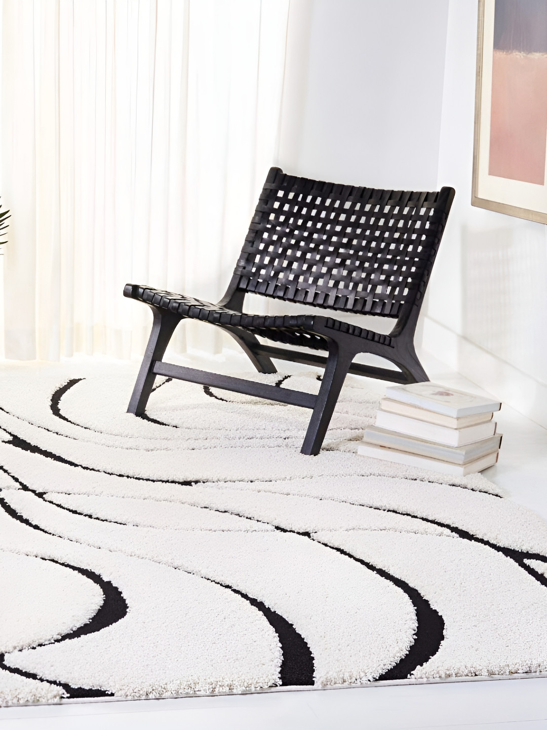 Asad Emporium Rugs White& Black Striped Shaggy Other Carpet