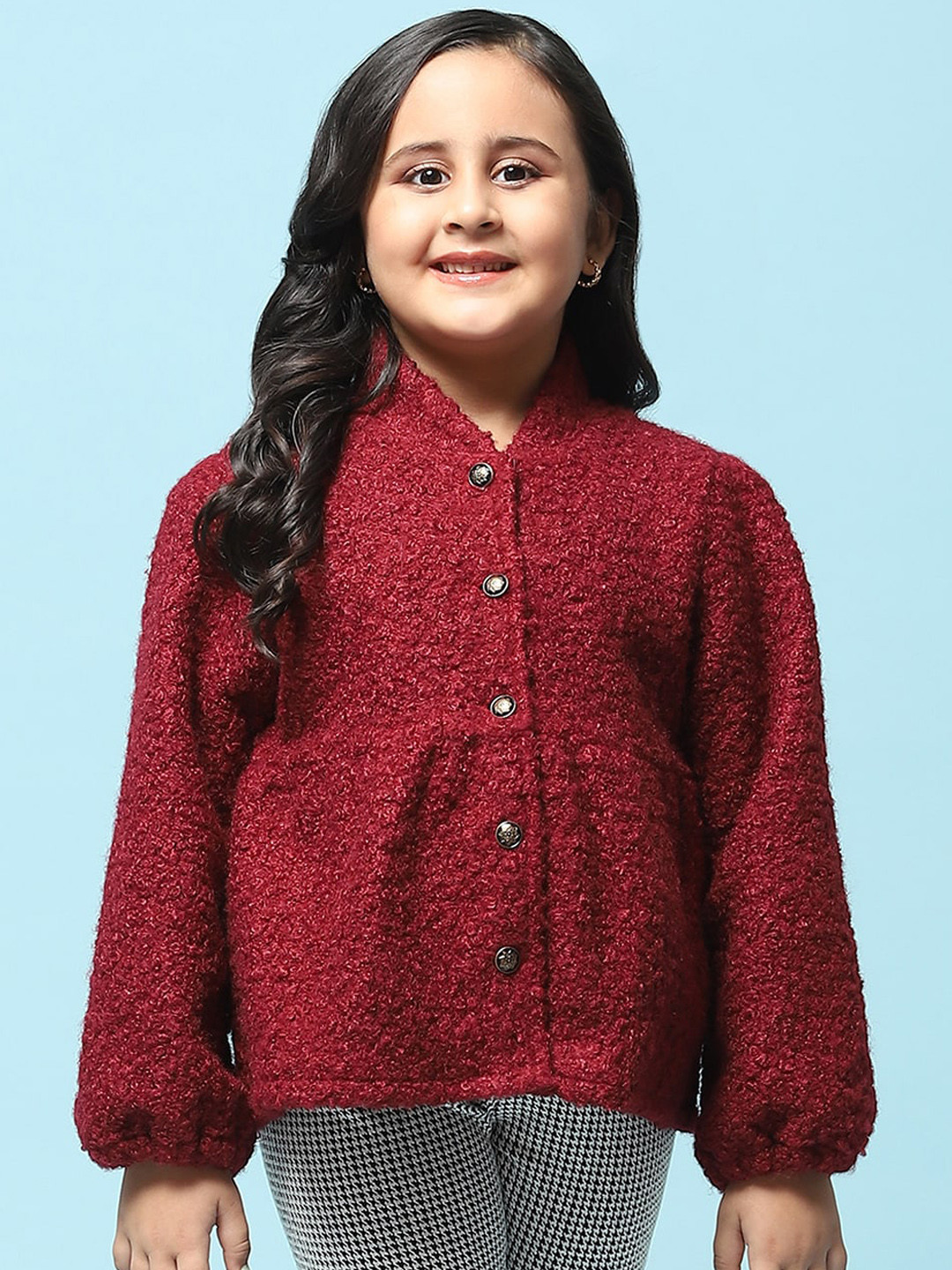 Biba Girls Self Design Stand Collar Tailored Jacket With Faux Fur Trim