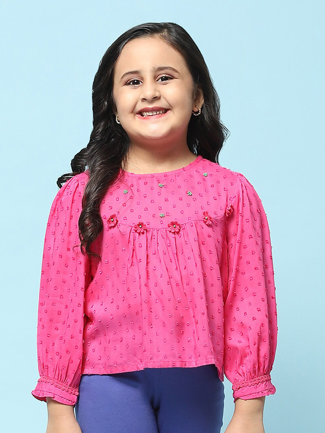 Biba Girls Magenta Self Design Puff Sleeve Regular Top
