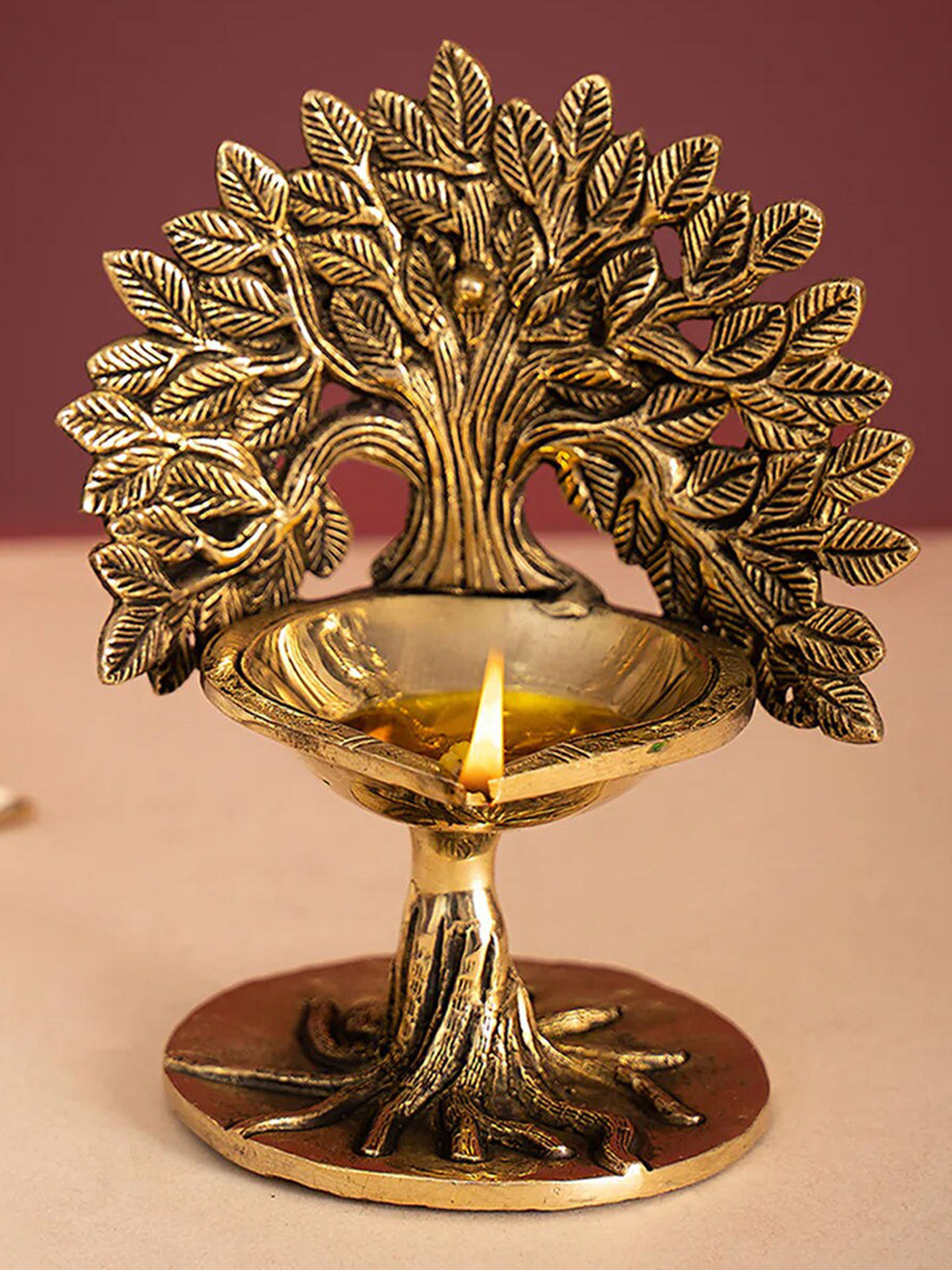 PujaNPujari Gold Toned Brass Kalpavriksha Tree With Diya