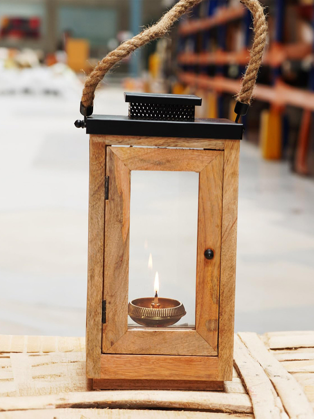 PujaNPujari Brown Textured Wooden Contemporary Rectangle Table Lamp