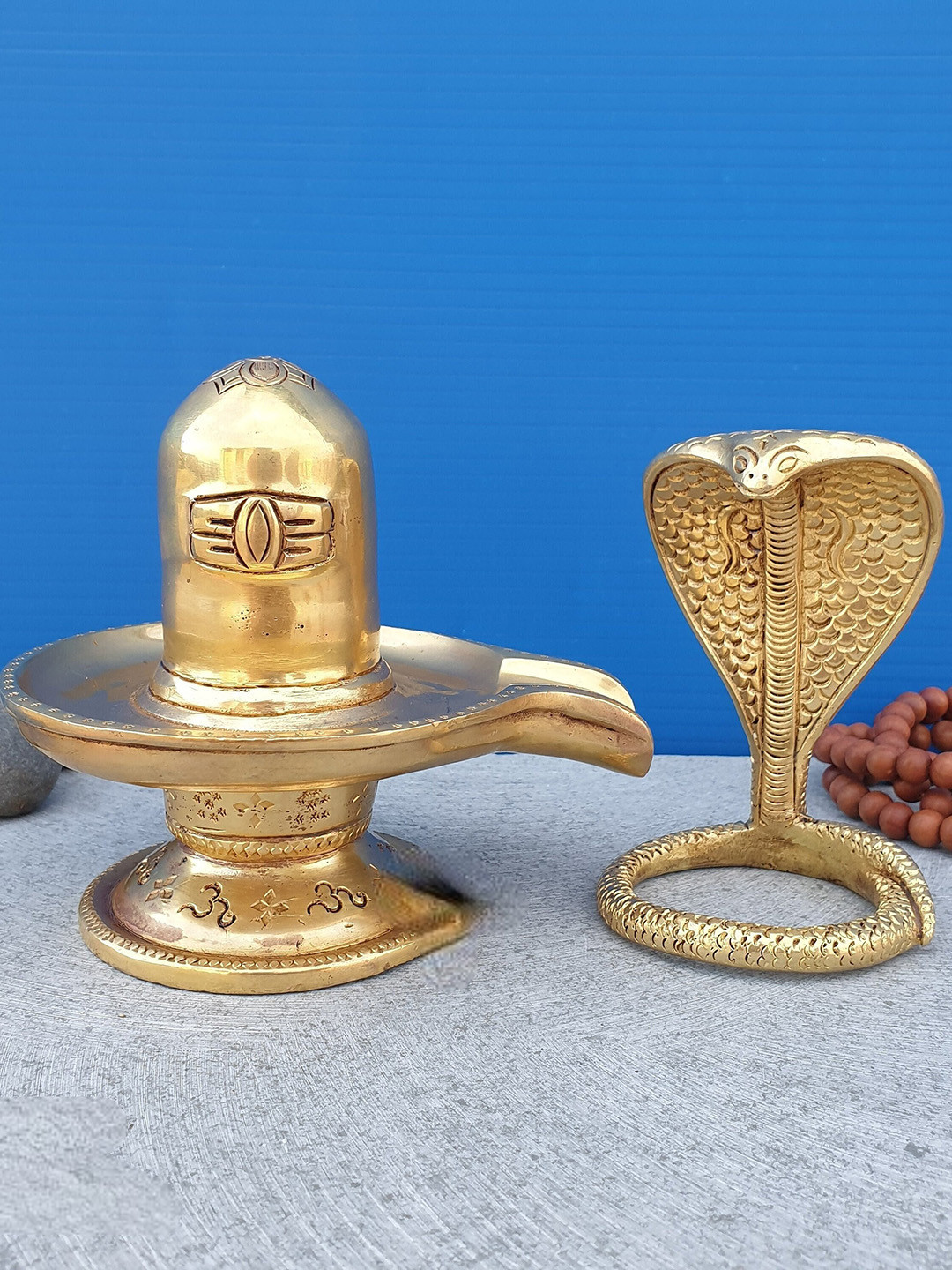 PujaNPujari Shivling with Sheshnag Gold Brass Metallic Prayer Room Set of 2 Small Showpieces - 3.1 Inches