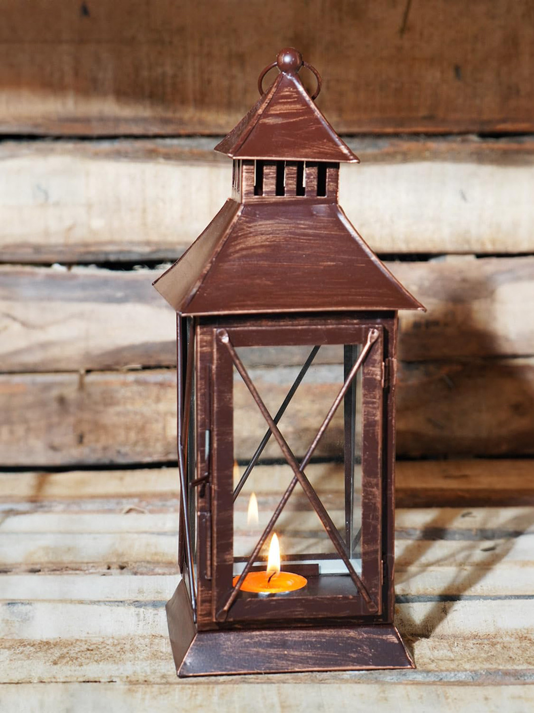 PujaNPujari Brown Wooden Tealight Lantern Candle Holder