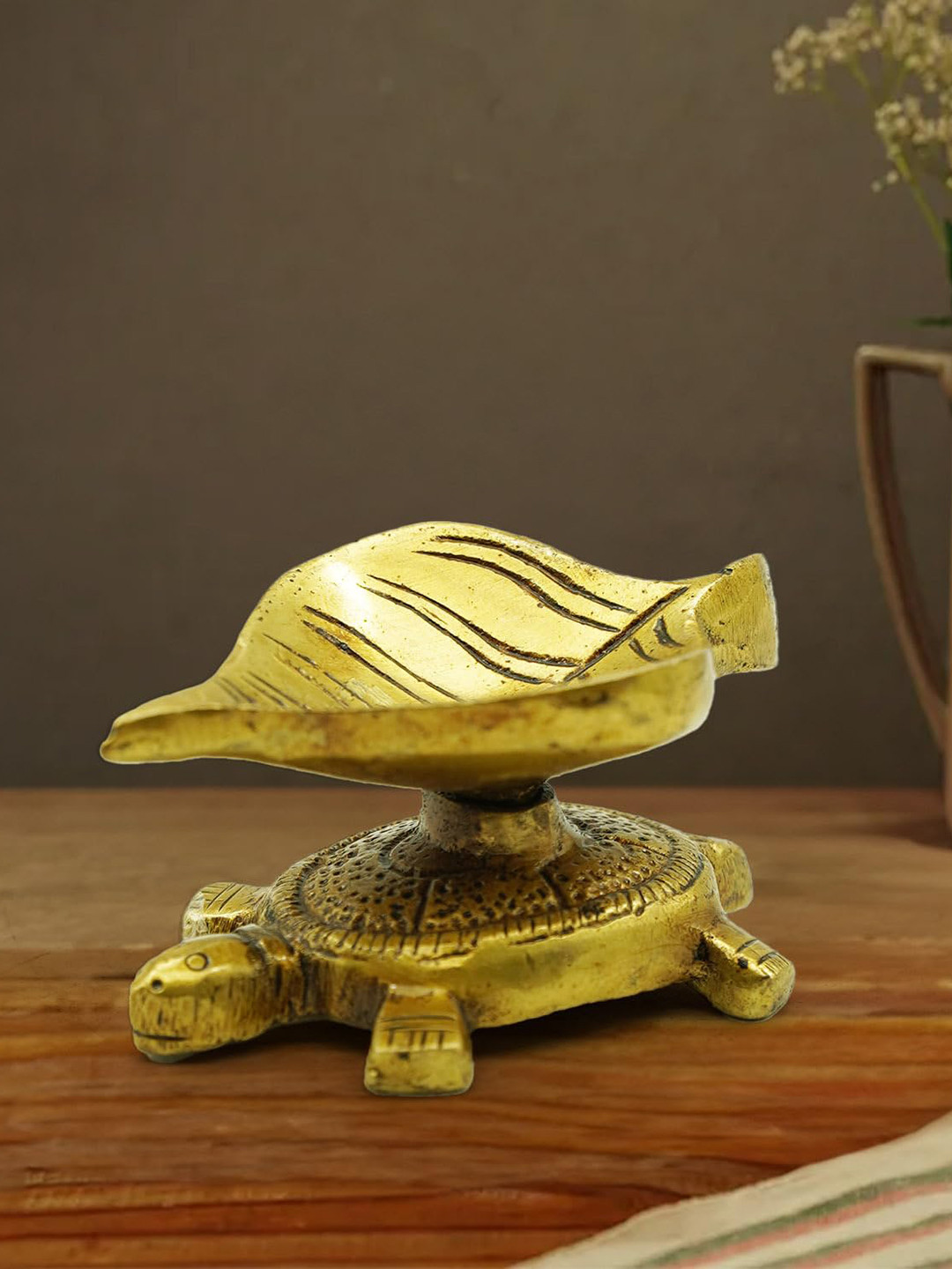 PujaNPujari Gold Toned Brass Turtle & Leaf Shaped Brass Diya