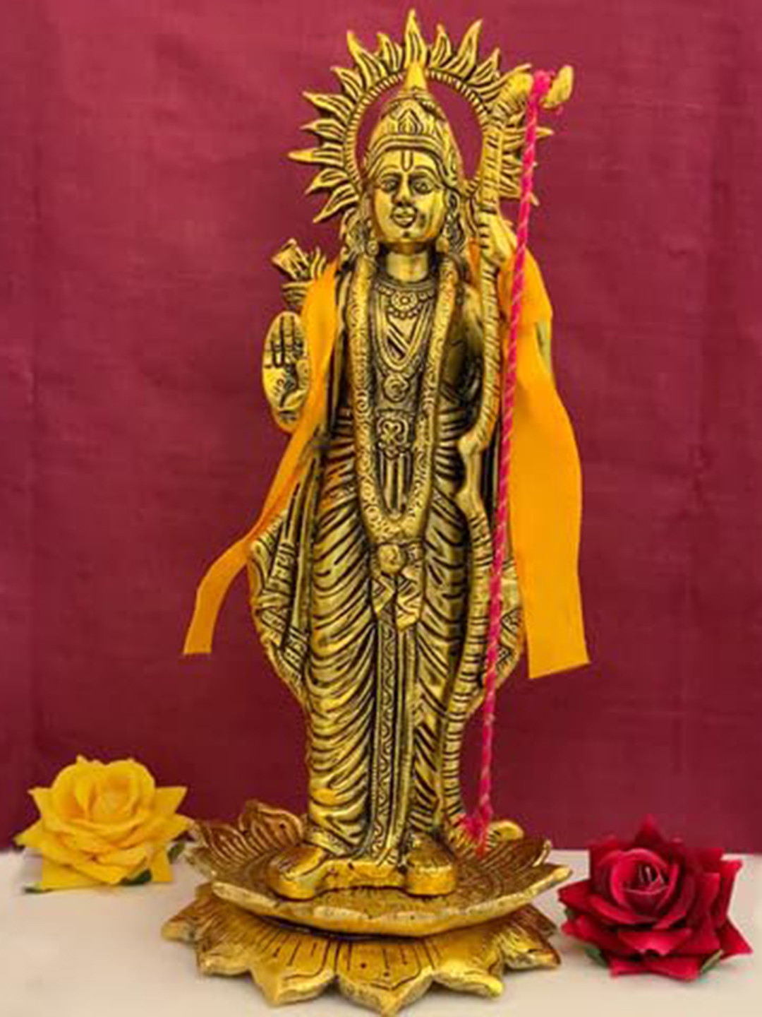 PujaNPujari Lord Rama Gold Metal Metallic Prayer Room Medium Showpiece - 11.8 Inches