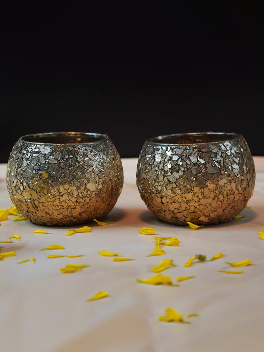 PujaNPujari Gold Toned Set of 2 Textured Mercury Finish Votive Candle Holders