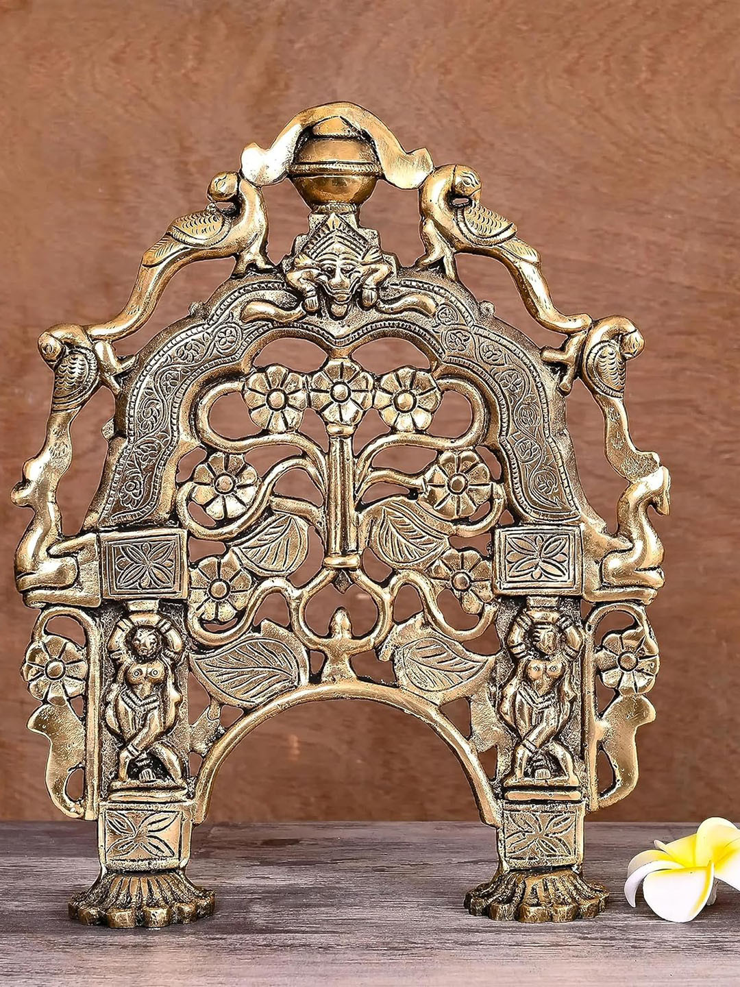 PujaNPujari Prabhavali Frame Gold Brass Metallic Prayer Room Hand-Crafted Small Showpiece - 11.8 Inches