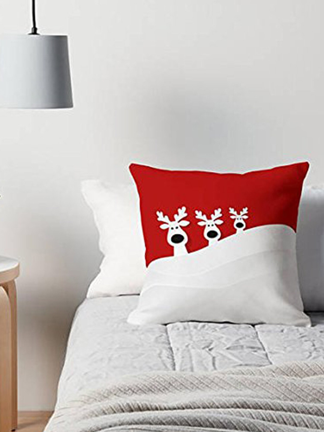 The Purple Tree Red & White Christmas Reindeer Printed Square Filled Cushion