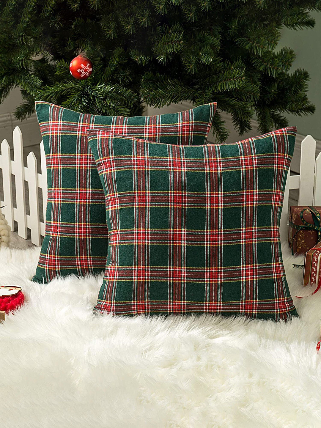 The Purple Tree Christmas Checked Polyester Washable 2 Pcs Cushion Covers - 16 x 16 In