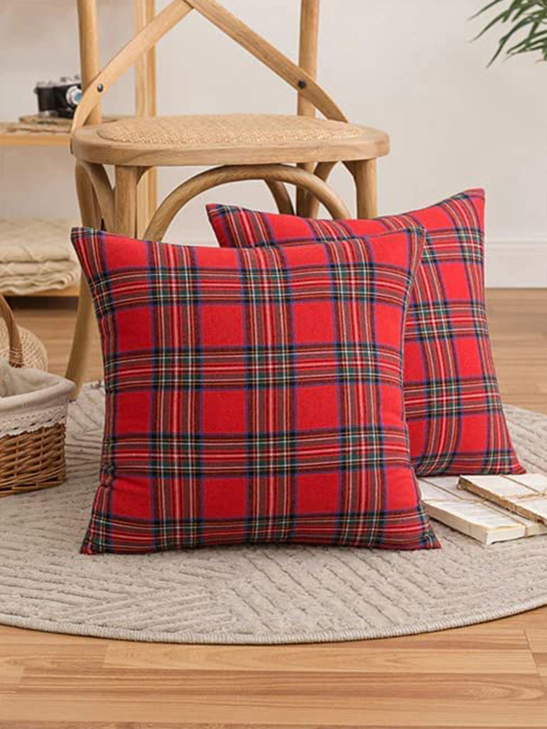 The Purple Tree Christmas Red & Blue 2 Pieces Checked Silk Cushion Covers