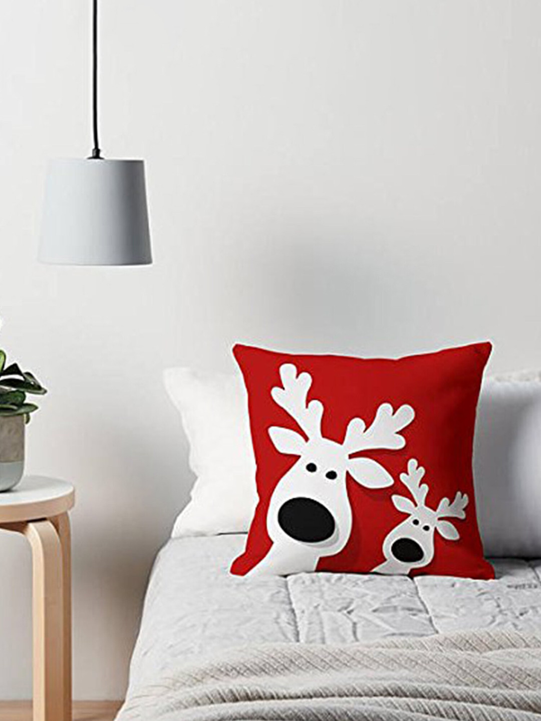 The Purple Tree Red & White Christmas Reindeer Printed Square Filled Cushion