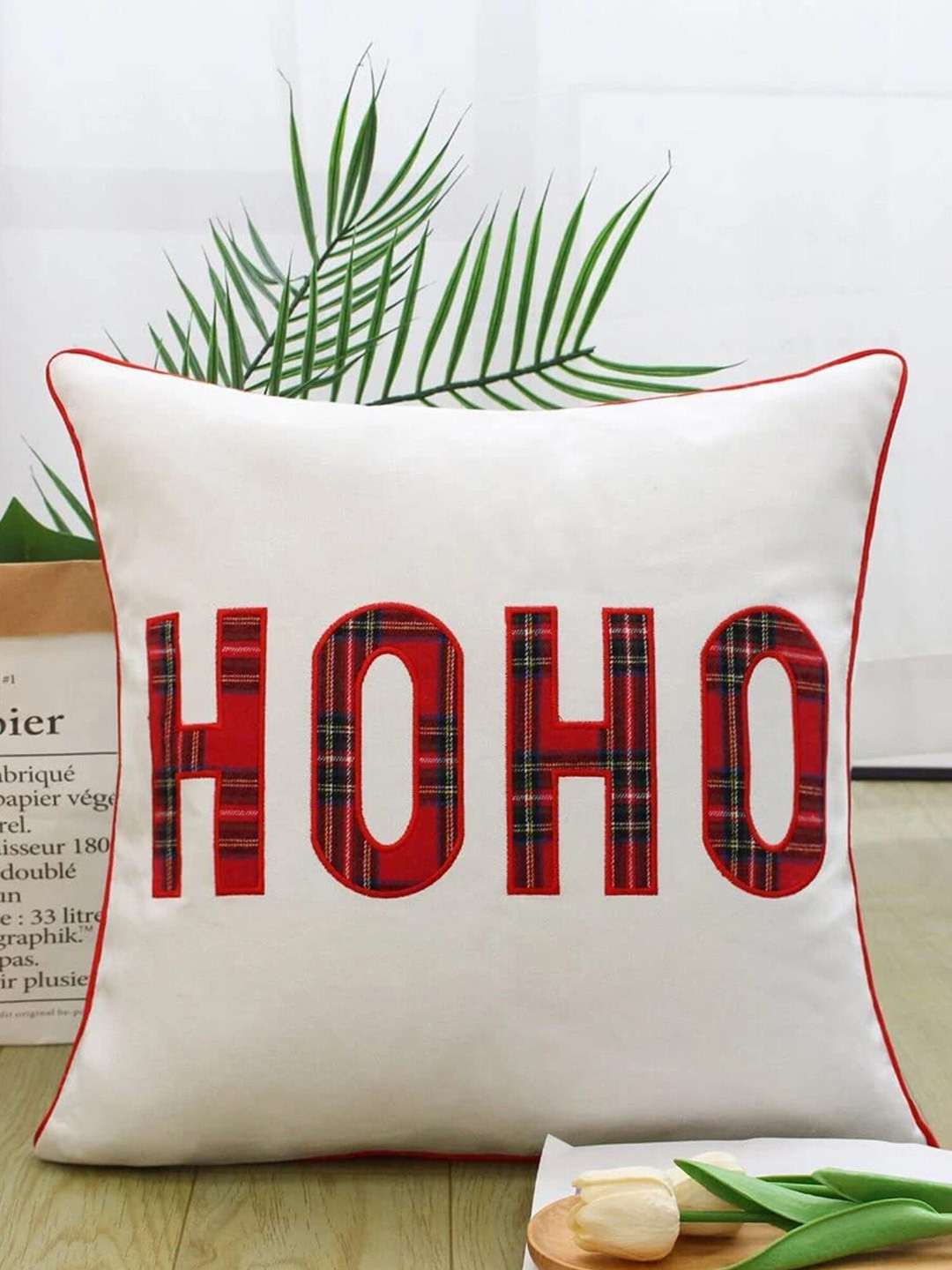 The Purple Tree White & Red Embroidered Square Filled Cushion