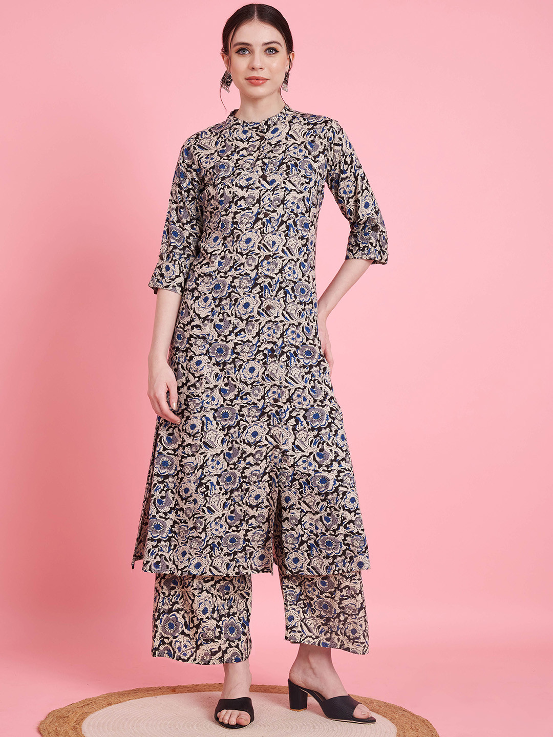 Vbuyz Floral Printed Mandarin Collar Roll-Up Sleeves A-Line Regular Kurta With Palazzos