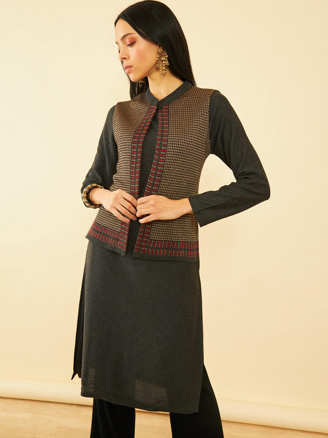 Soch Geometric Printed Pure Acrylic Straight Kurta With Jacket Overlay