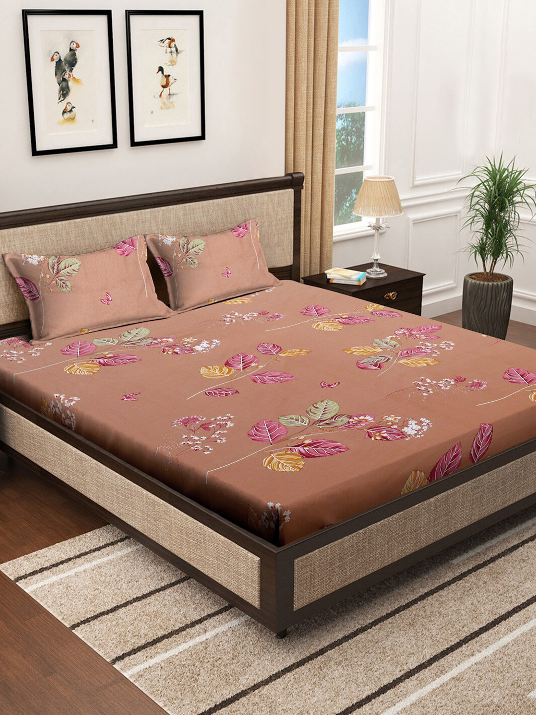 KLOTTHE Brown Floral Printed Fitted 400 TC Cotton King Bedsheet & 2 Pillow Covers