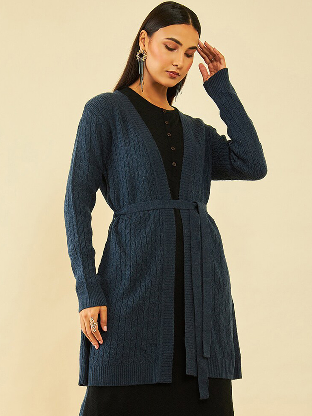 Soch Cable-Knit Self Design Ribbed Tie-Ups Detail Acrylic Longline Shrug