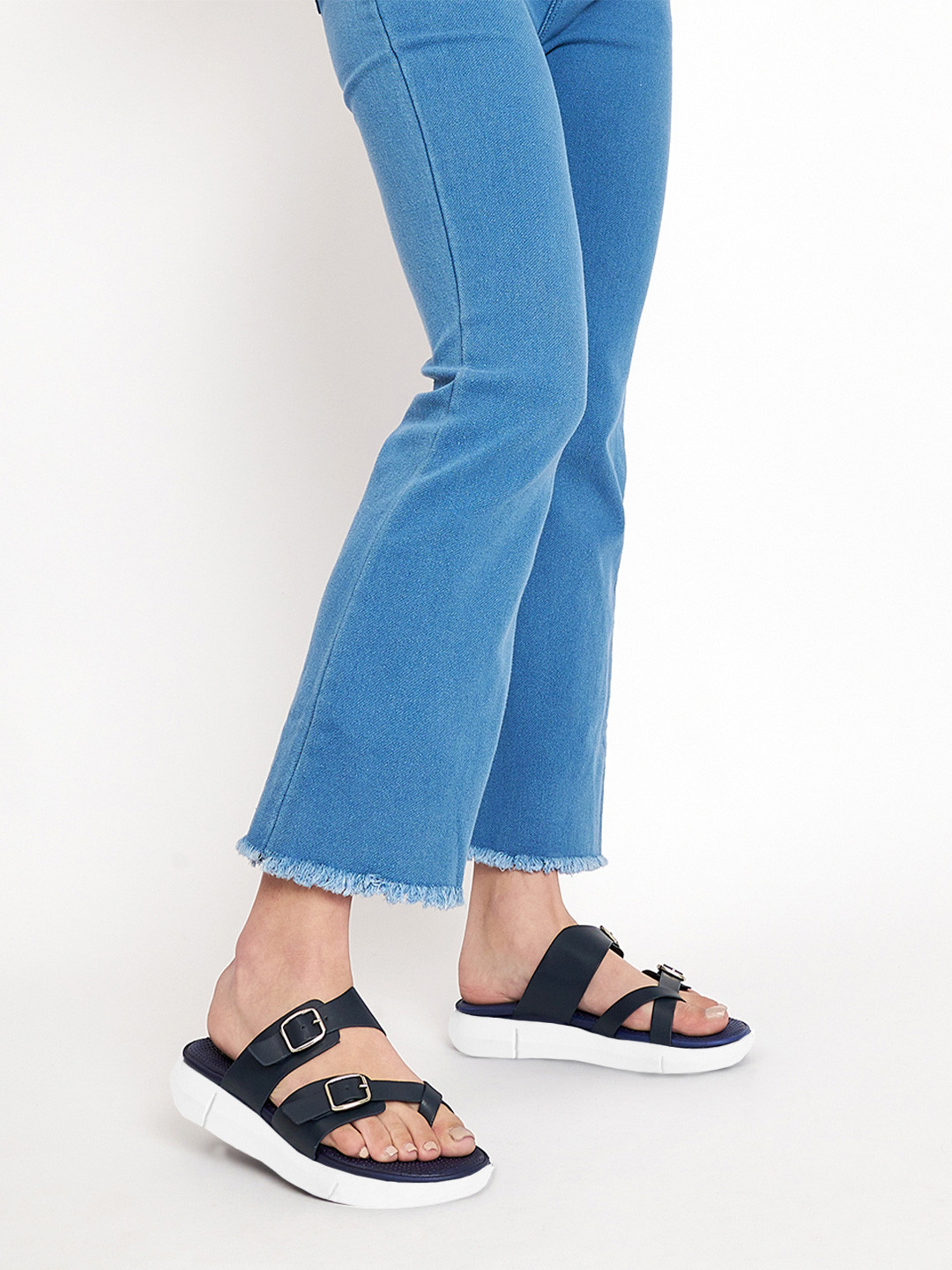 KazarMax Textured Buckle Detail Double Strap Vegan Leather One Toe Flats