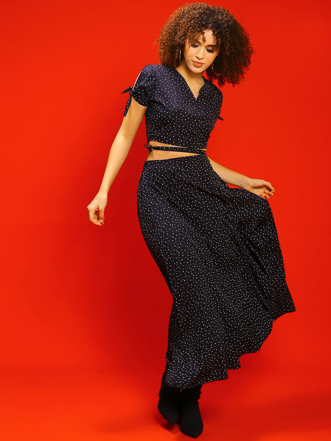 Sera Polka Dot Printed V-Neck Top With Flared Skirt