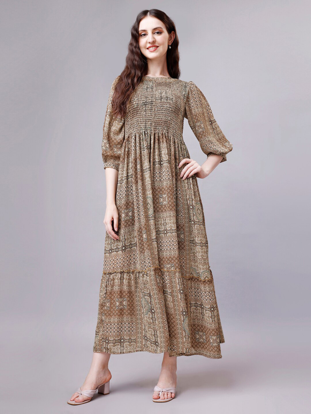 HOUSE OF MIRA Ethnic Motifs Printed Smocked Fit & Flare Maxi Dress