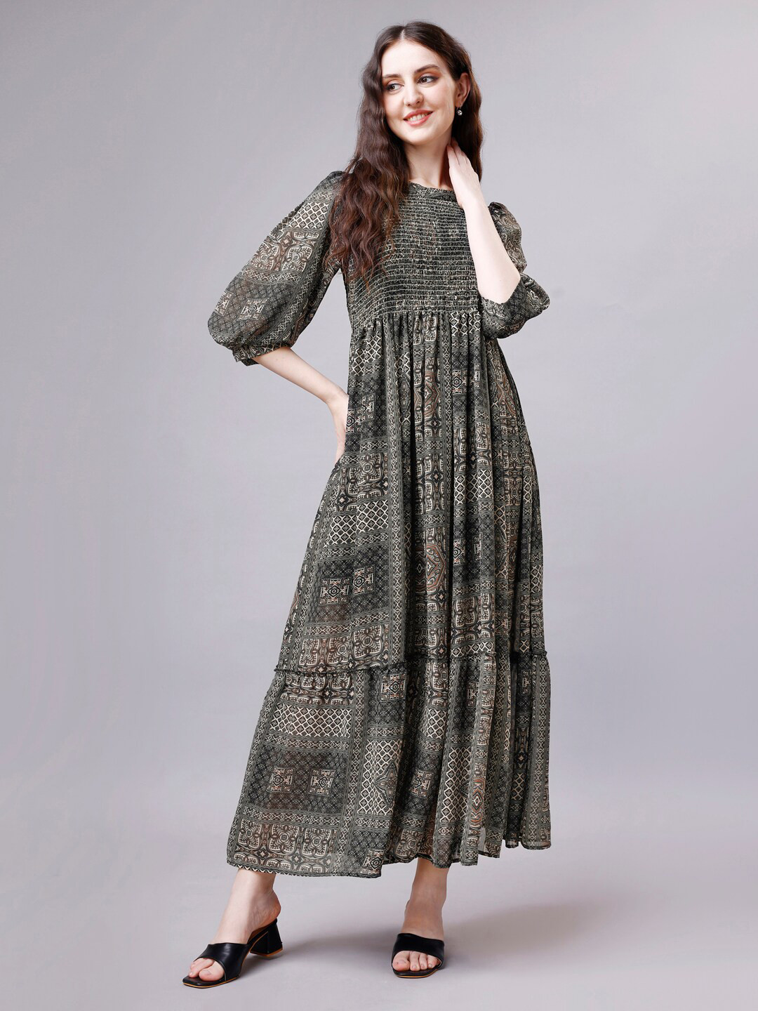HOUSE OF MIRA Floral Printed Georgette Fit & Flare Maxi Dress