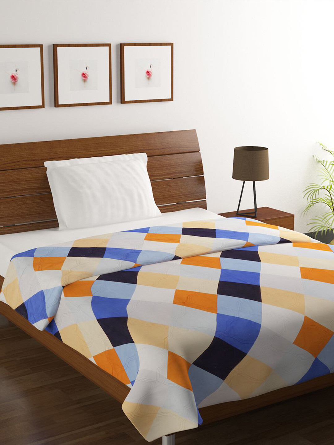 BELLA TRUE Blue & Orange Checked Microfiber AC Room 380 GSM Double Bed Comforter