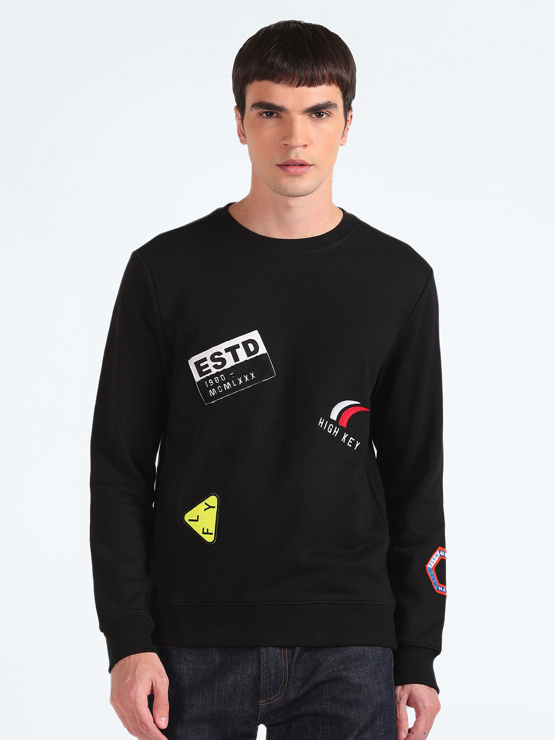 Flying Machine Long Sleeves Pure Cotton Applique Pullover Sweatshirt