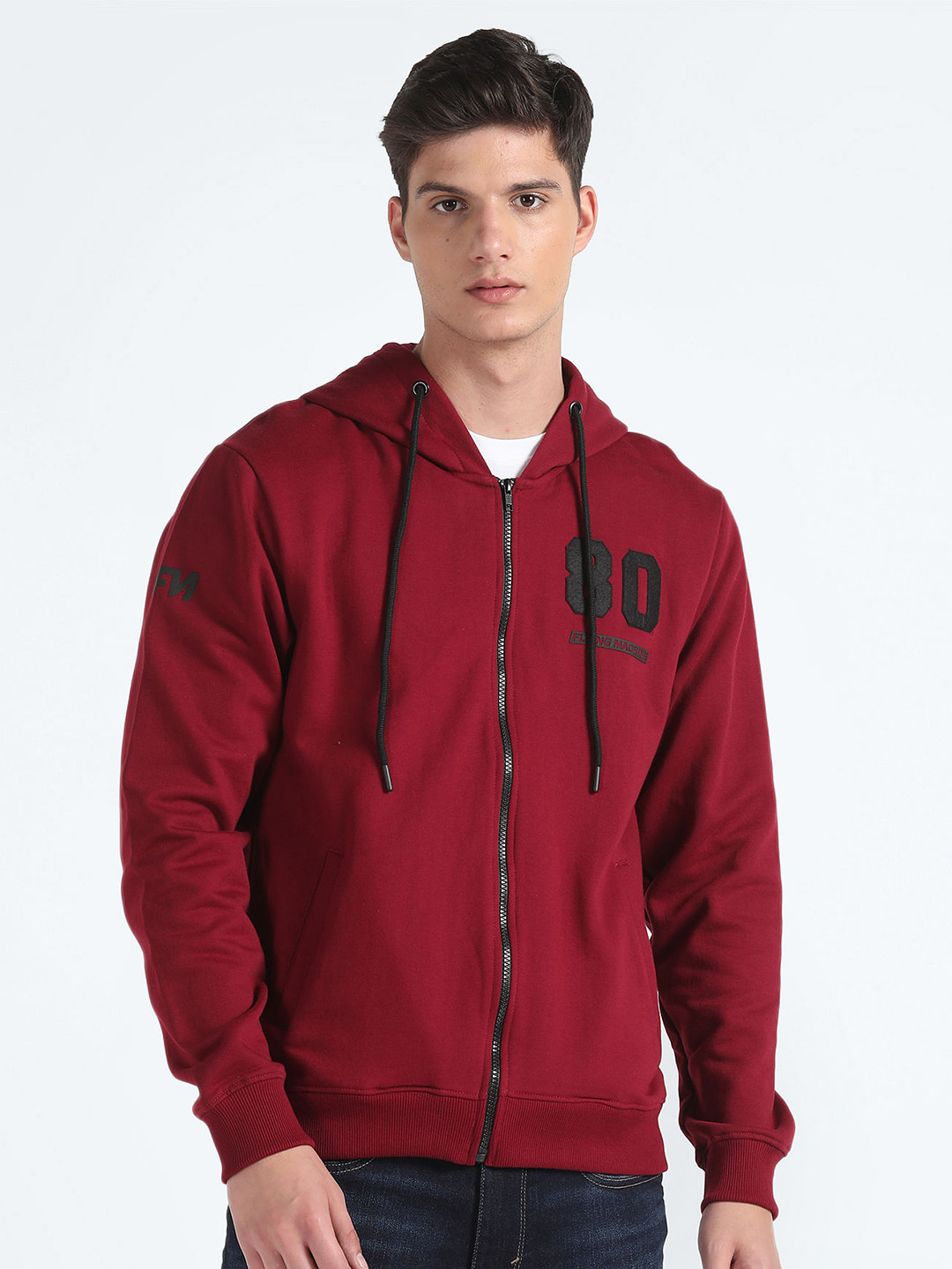 Flying Machine Long Sleeves Applique Hood Front Open Sweatshirt