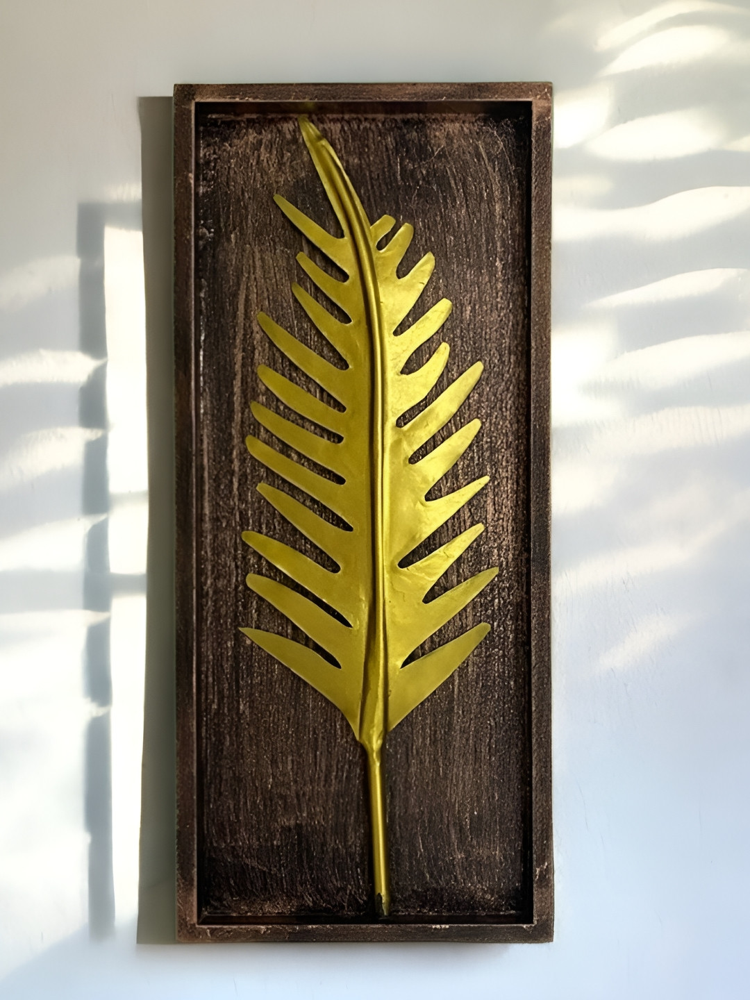 SANKALAN CREATIONS Leaf Board Wall Art Brown Wood Metallic Prayer Room Large Showpiece - 20 Inches