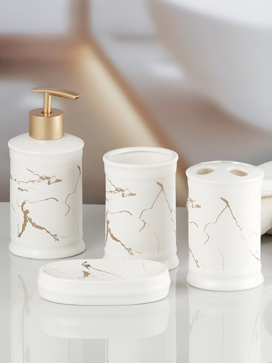 Kookee White & Gold Toned 4 Pieces Ceramic Abstract Bath Accessories Set