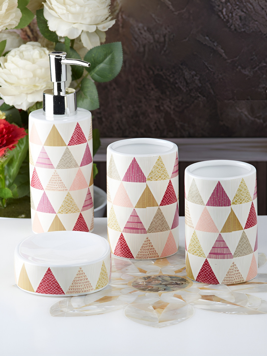 Kookee White & Pink 4 pieces Abstract Ceramic Bath Accessories Set