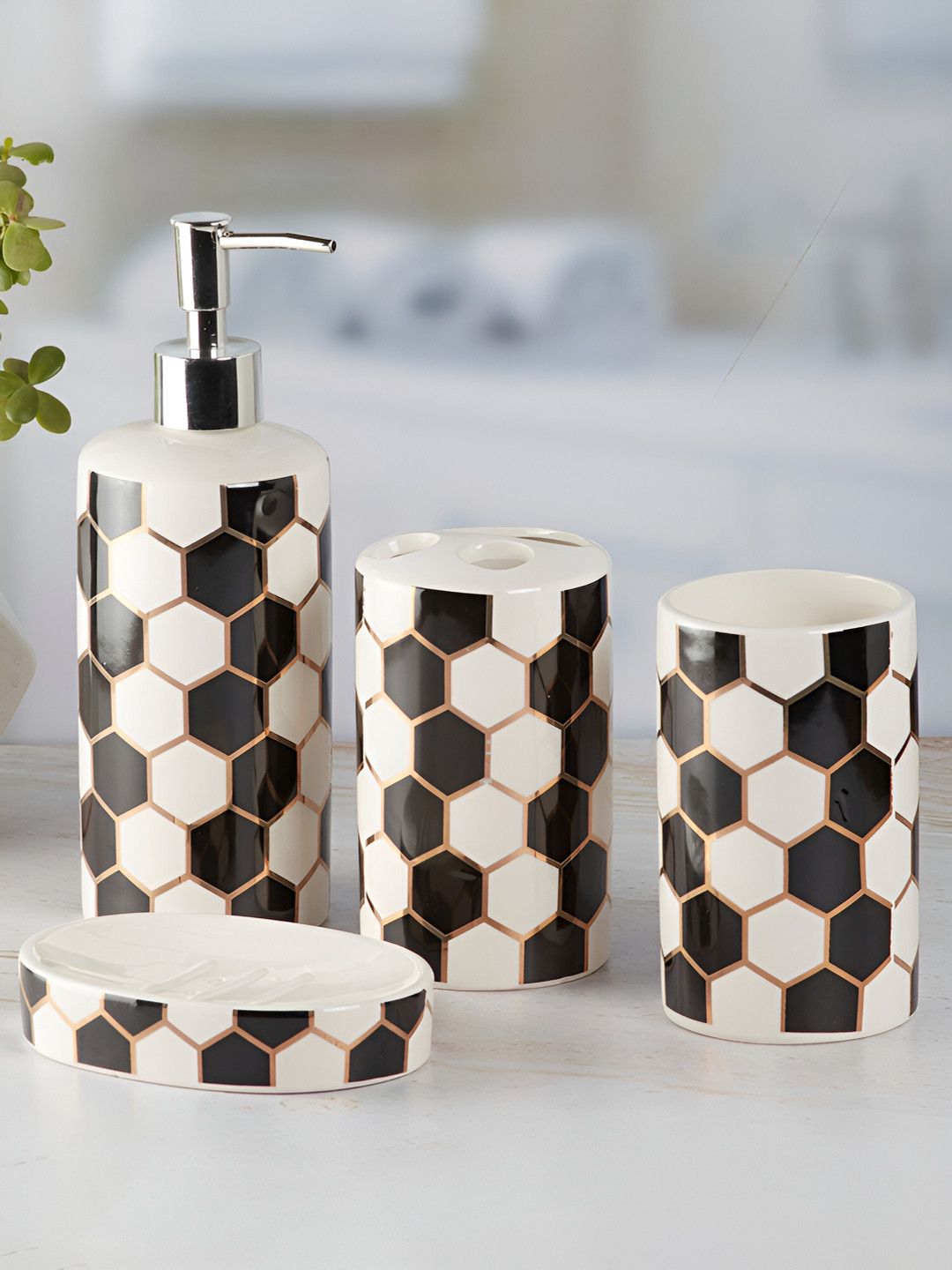 Kookee Off  White & Black 4 Piece Abstract Ceramic Bath Accessories Set