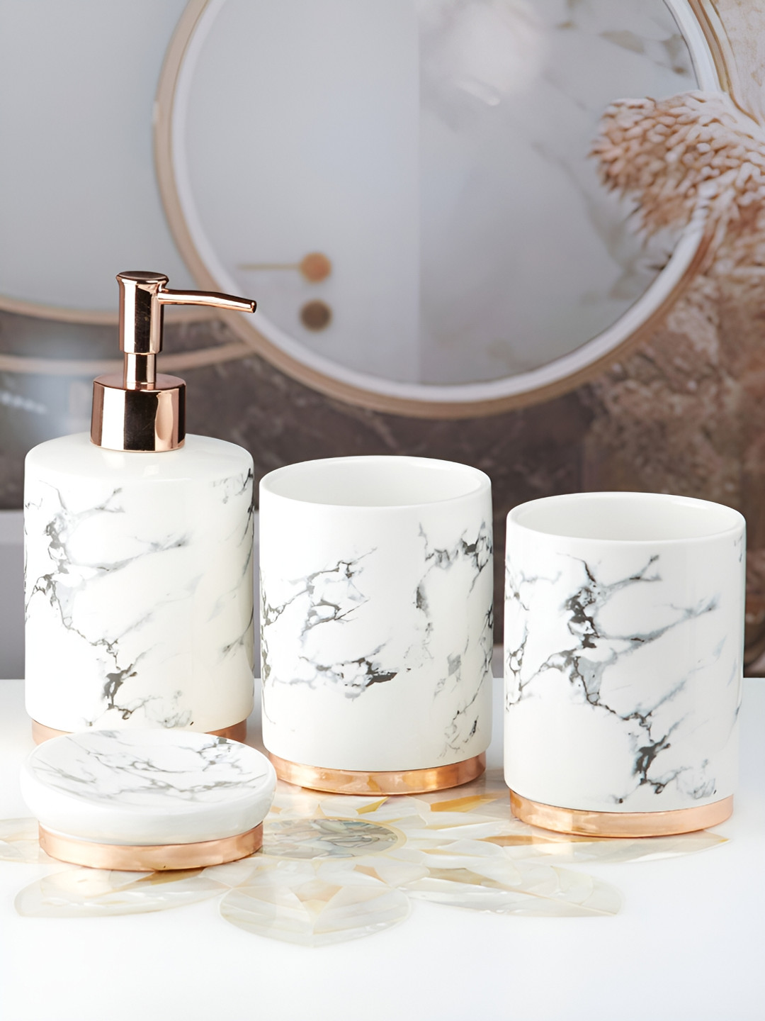 Kookee White & Grey 4 pieces Abstract Ceramic Bath Accessories Set