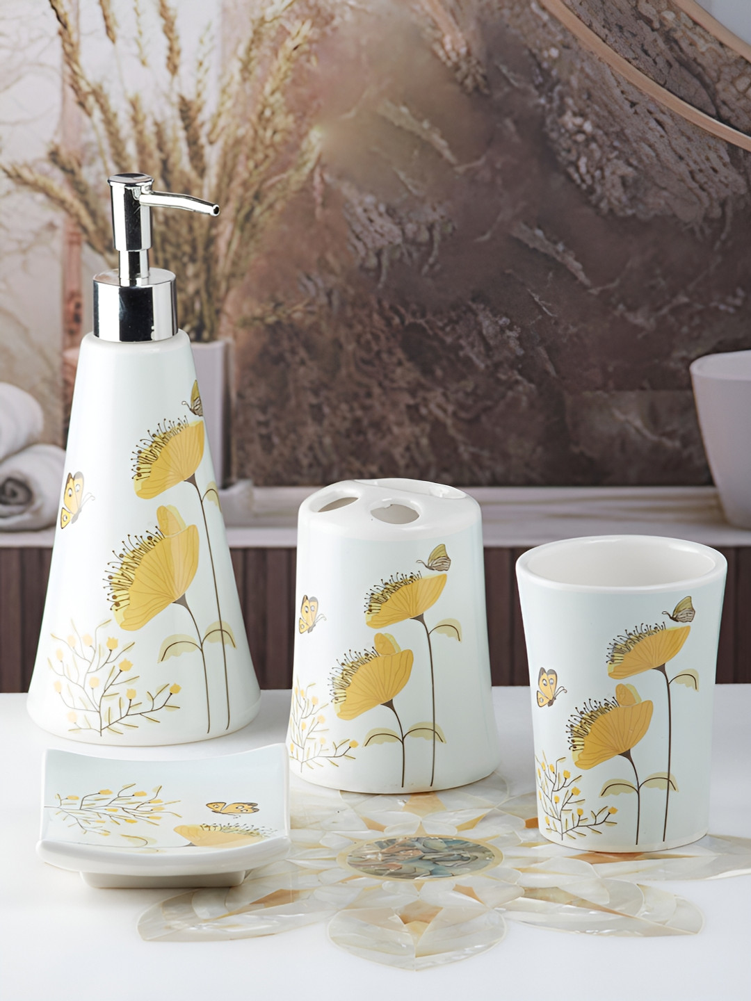 Kookee White & Yellow 4 Pieces Ceramic Abstract Bath Accessories Set