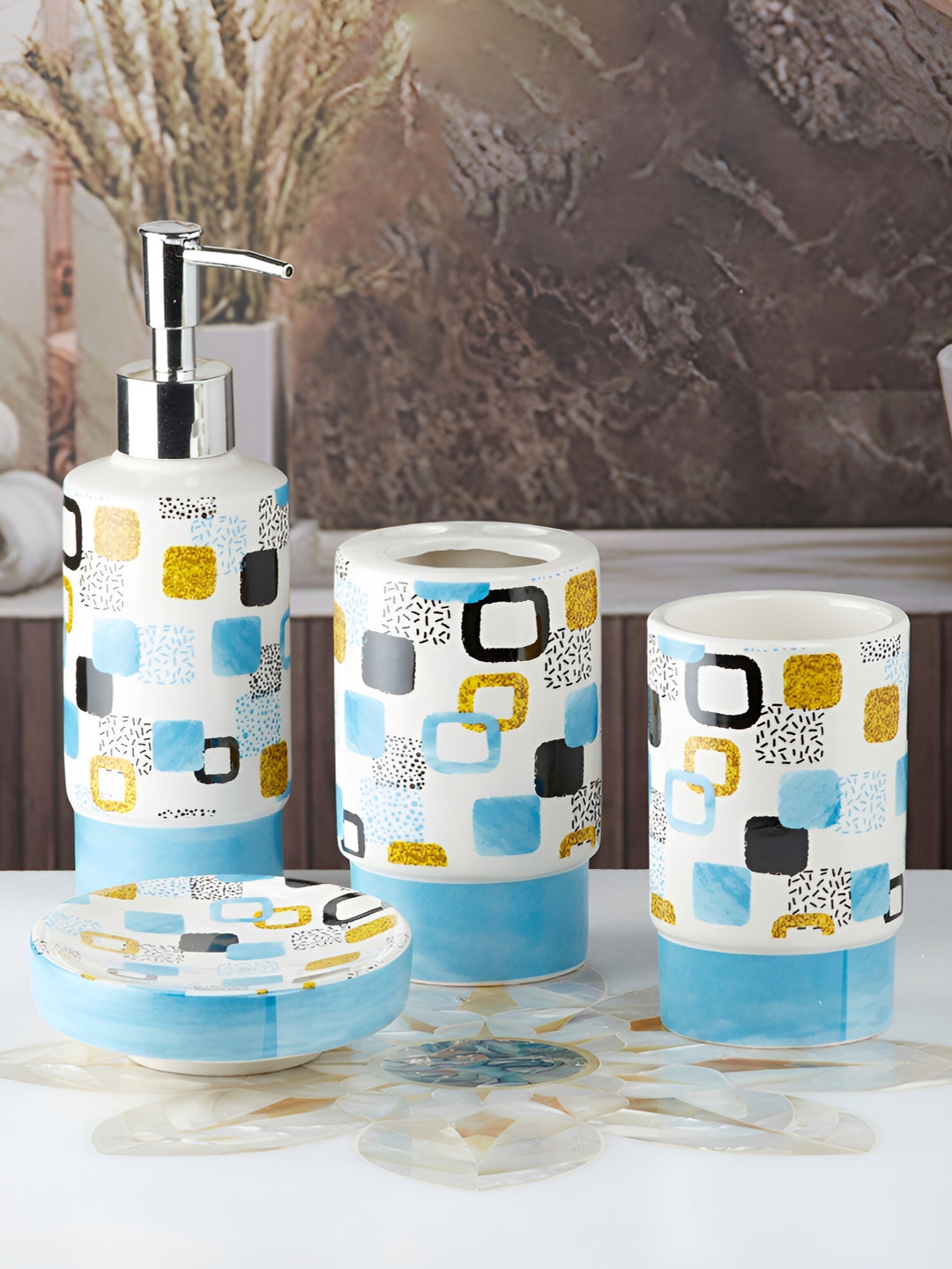 Kookee White & Yellow 4 piece Abstract Ceramic Bath Accessories Set