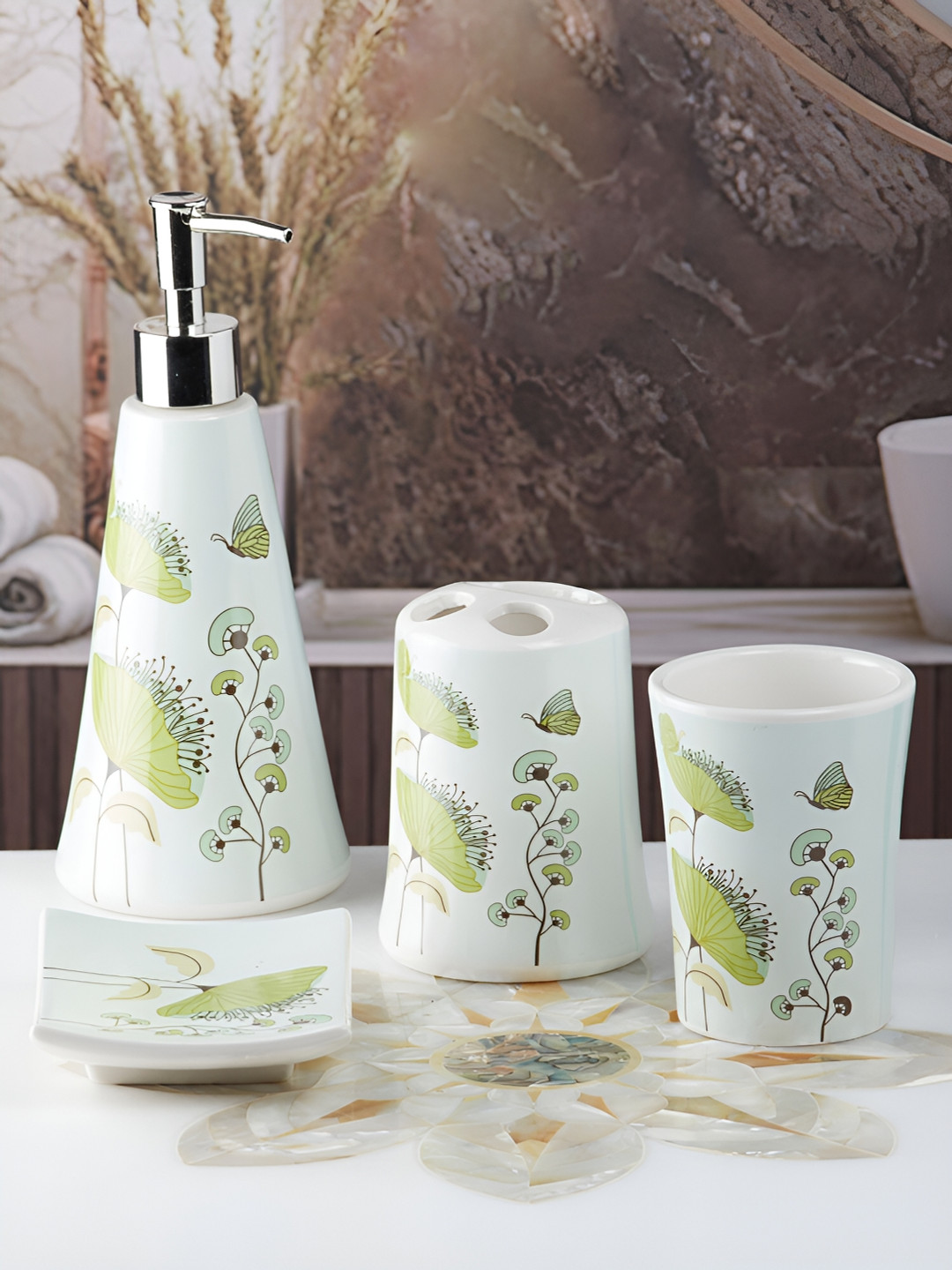 Kookee White & Green 4 piece Abstract Ceramic Bath Accessories Set