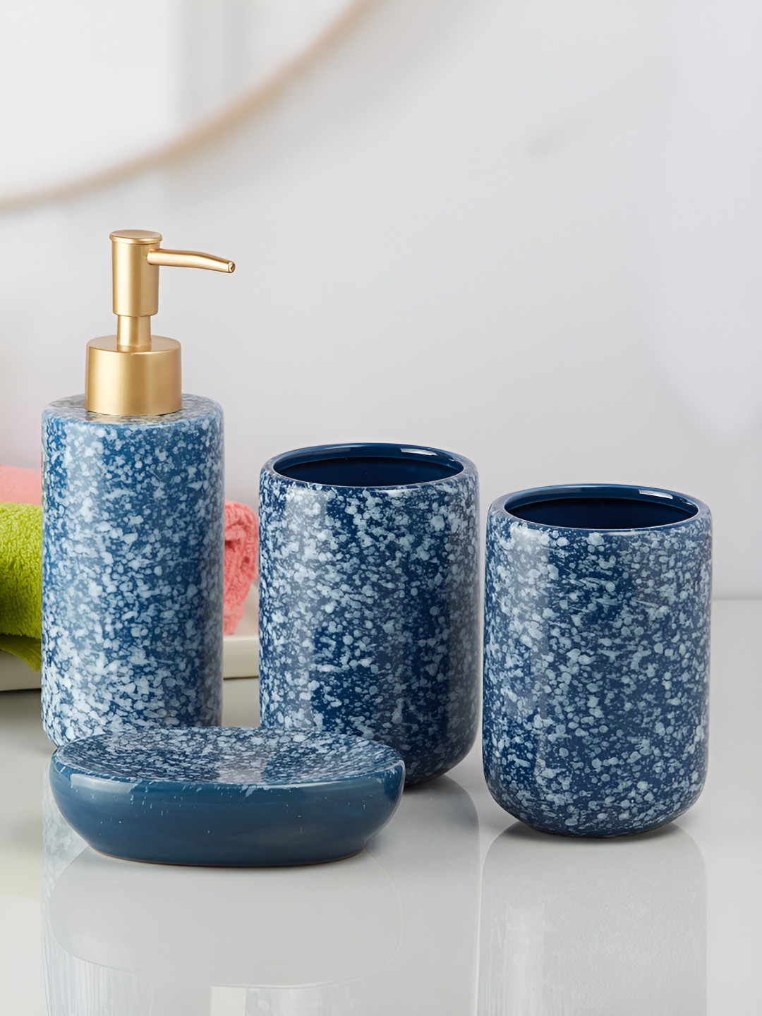 Kookee Blue 4 piece Abstract Ceramic Bath Accessories Set