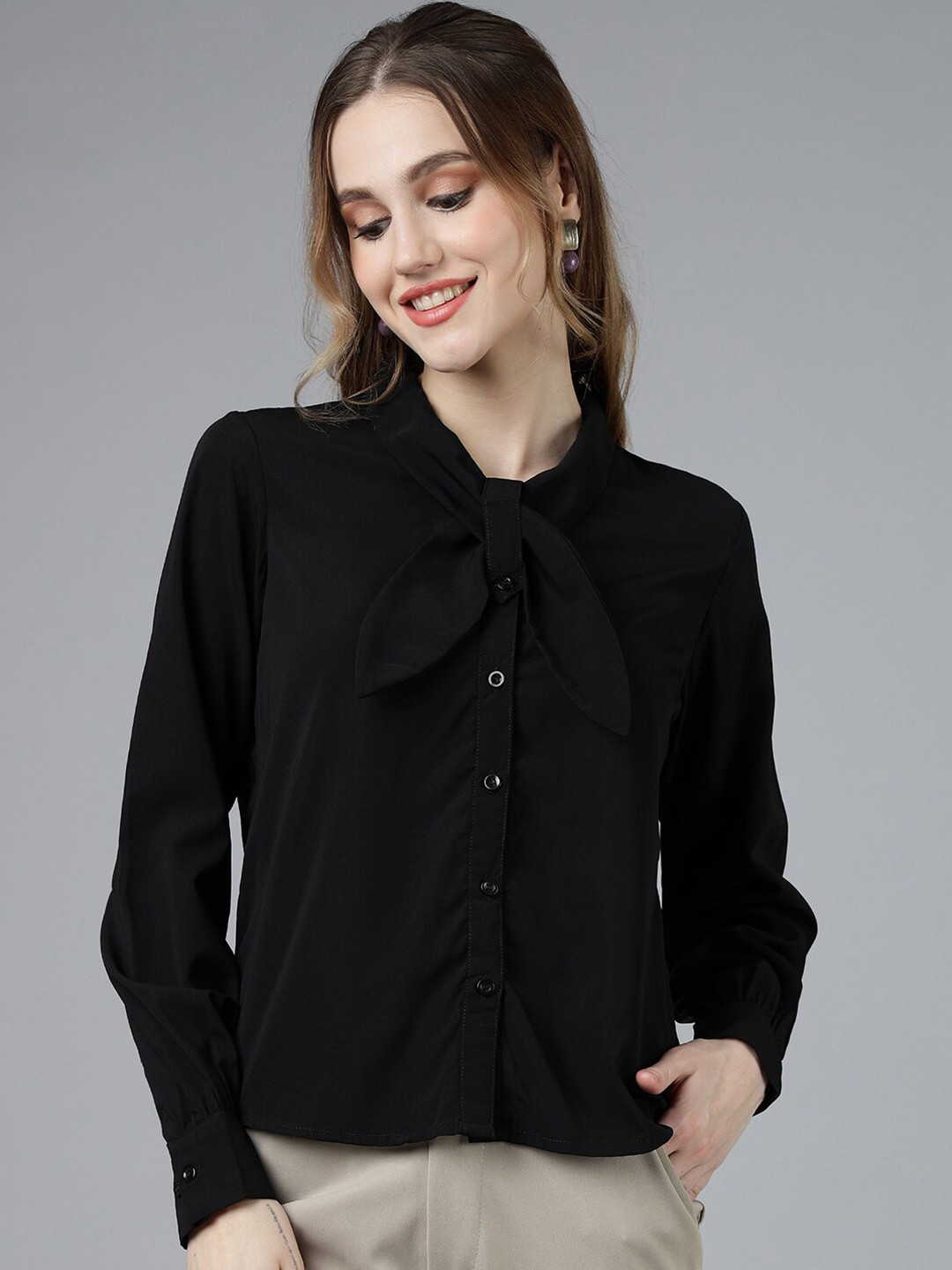 FITHUB Modern Tie-Up Neck Long Sleeve Regular Fit Cotton Formal Shirt