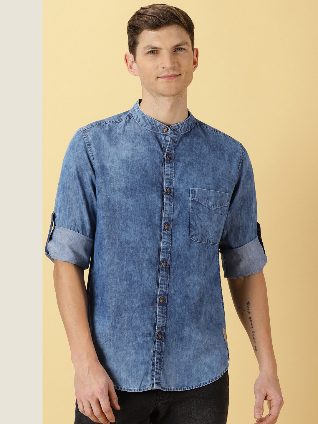 Thomas Scott Smart Slim Fit Band Collar Pure Cotton Denim Casual Overdyed Shirt