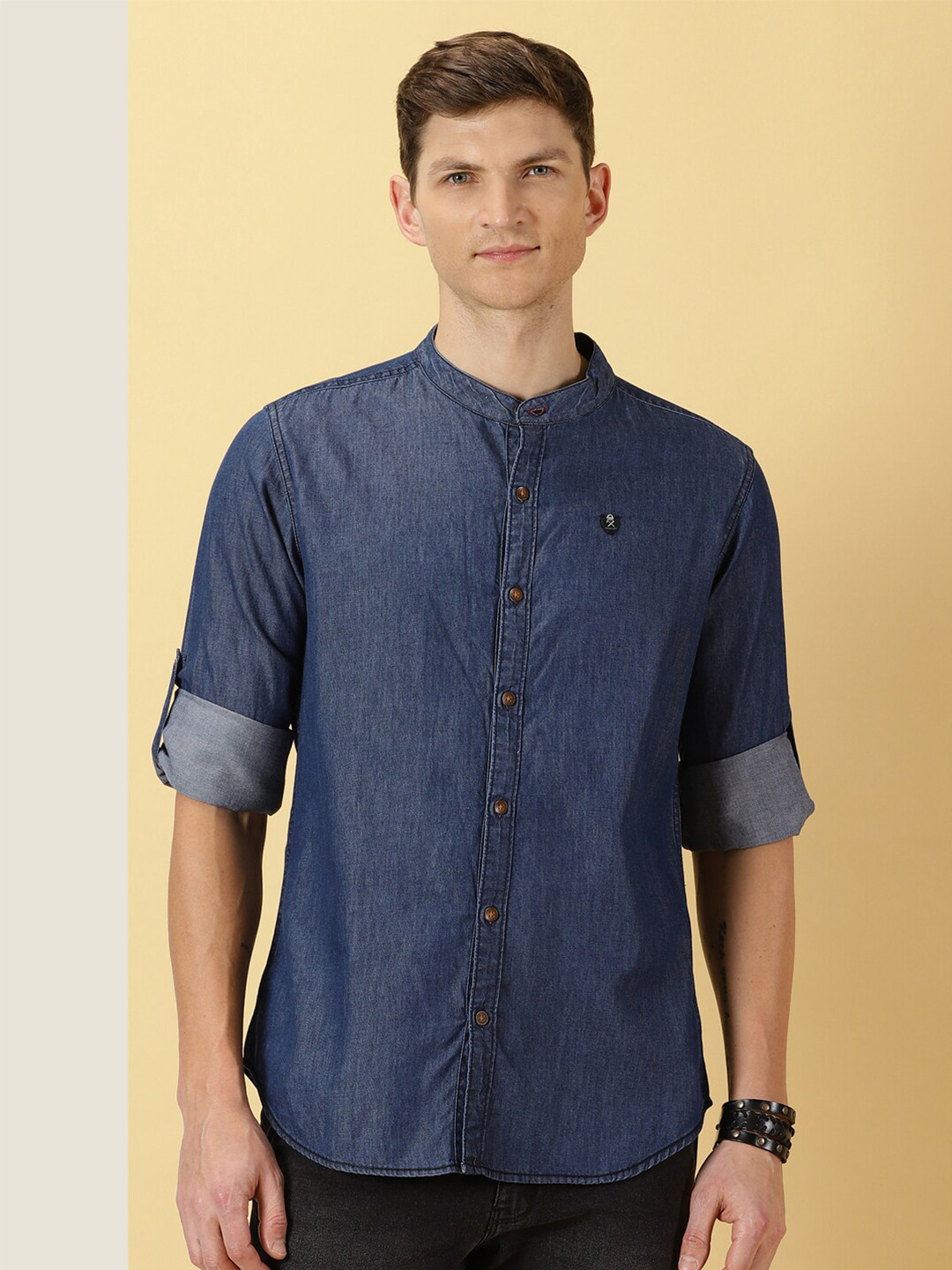 Thomas Scott Smart Slim Fit Band Collar Pure Cotton Denim Casual Overdyed Shirt